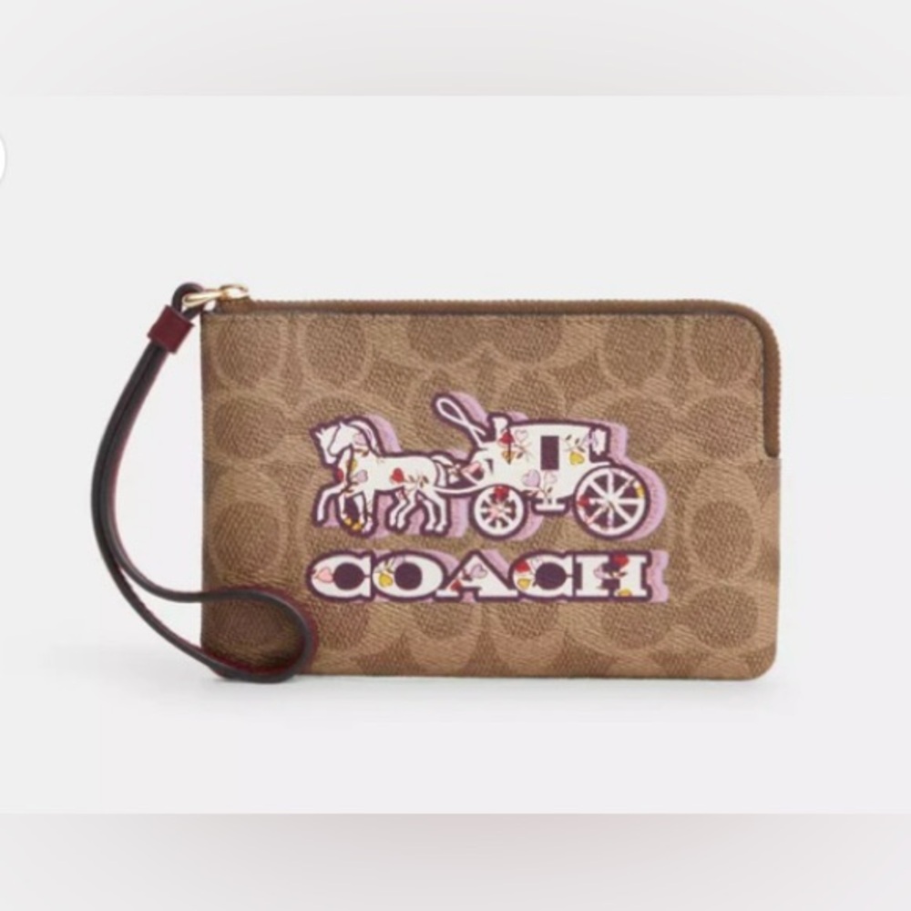 Coach Corner Zip Wristlet In Signature Canvas With Horse And Carriage- NWT